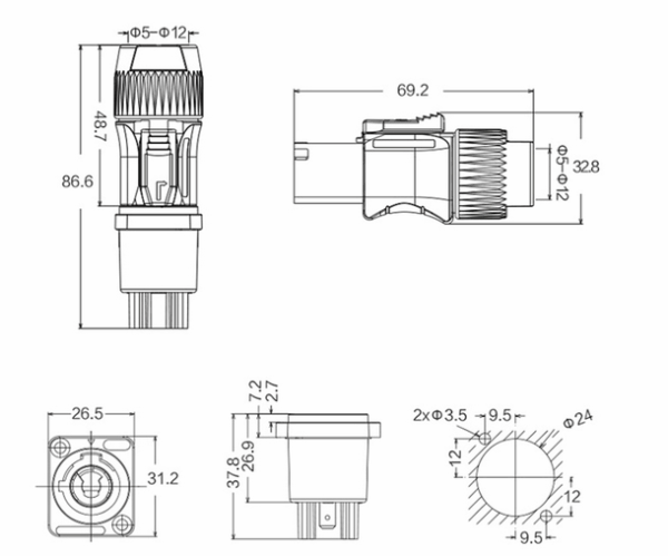 PowerCon cable connector IP65 / 67, 3-pin CNLINKO YF-24-C03PE-04-001 - Image 2