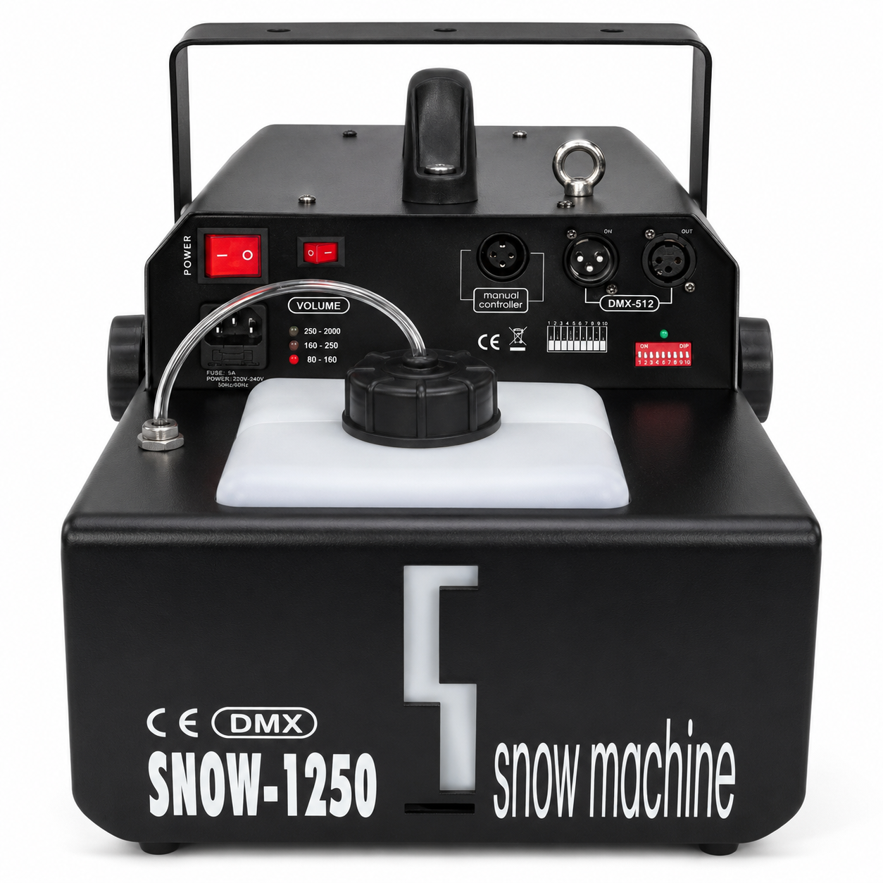 Професионална DMX машина за сняг SNOW-1250 с висок дебит и регулируем snow ефект – сценична snow machine за клубове, концерти, DJ партита, театрални постановки, коледна декорация и зимни сценични ефекти.