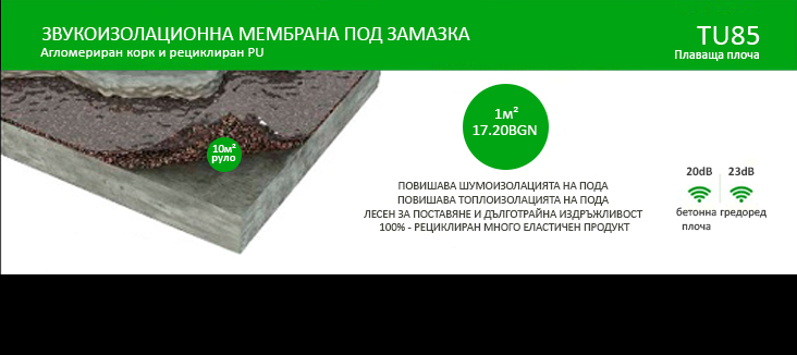 Звукоизолационна подложка от корк и PU 85mm