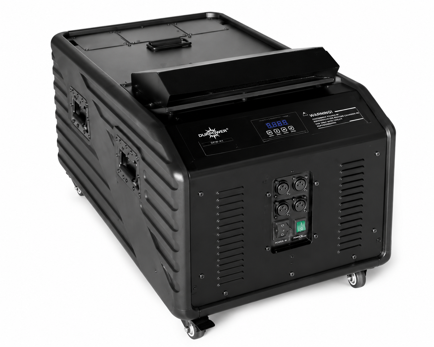 Професионална машина за тежък пушек DURPOWER DFW-X1 – low fog система с LCD контрол и DMX управление за сватби, сцени, концерти и театрални постановки с плътен ниско разположен димен ефект.