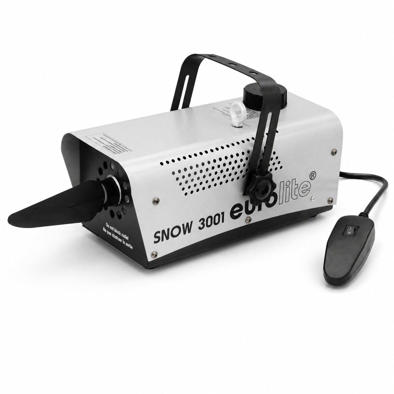 Професионална машина за сняг Snow 3001 Eurolite за сценични ефекти, партита и коледна украса – компактна snow machine с дистанционно управление, подходяща за дискотеки, клубове, DJ събития, театрални постановки, сватби и празнична атмосфера.