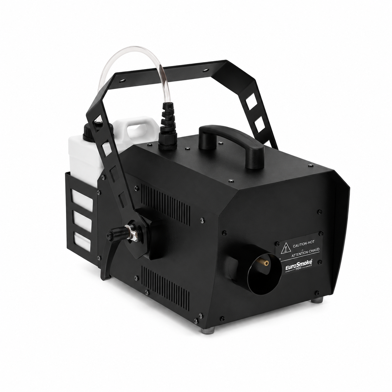 Професионална пушек машина EUROSMOKE 1000 с мощност 1070W, LCD дисплей, DMX512 управление, радио дистанционно и регулируем пушек до 35 секунди – сценична fog машина с 2L резервоар и PowerCon True1 захранване.